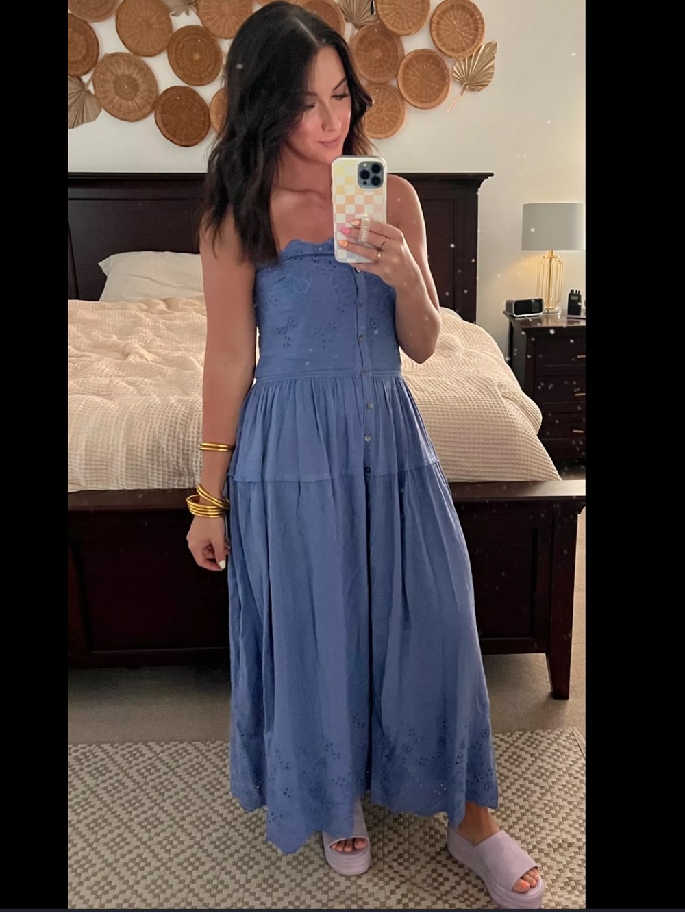 Free People Evelyn Eyelet Midi Dress Blue Sleeveless Women Small Button Closure